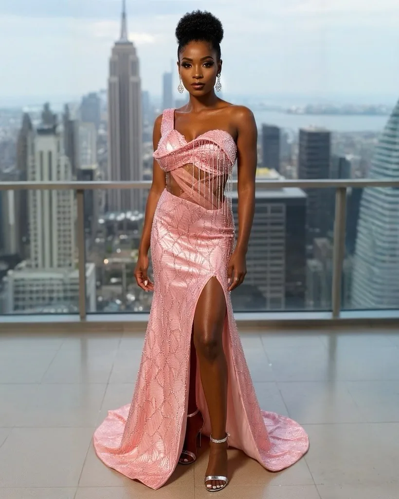 Sparkly Saudi Arabia Mermaid Prom Dresses Sexy Tassel Beading One Shoulder Crystal Plus Size Special Occasion Evening Gowns
