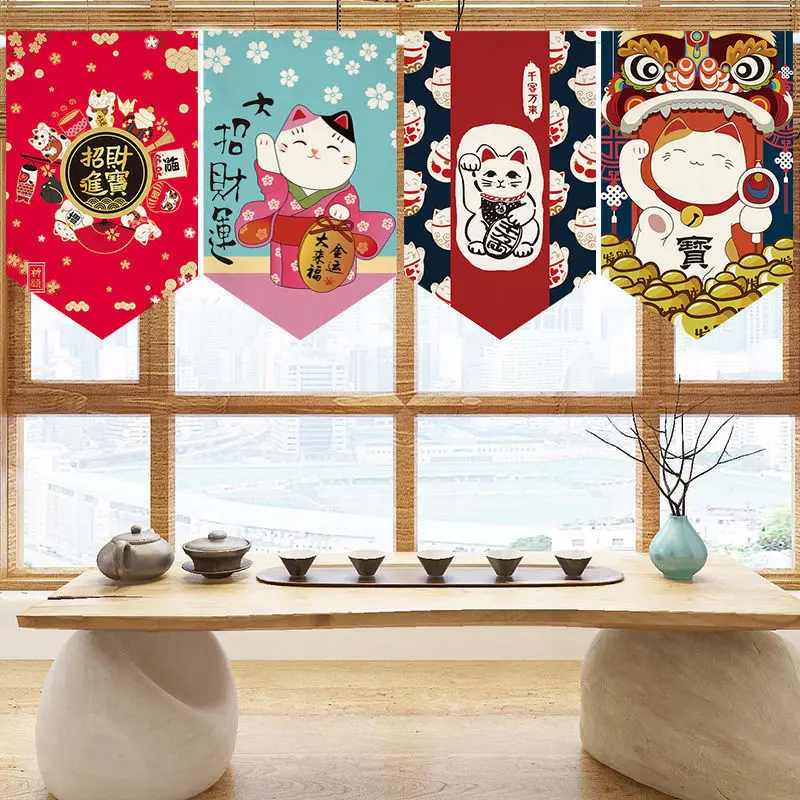 Japanese Style Fortune Cat Fabric Partition Door Curtain Triangle Hanging Flag Kitchen Bedroom Decoration Sushi Shop Tapestry