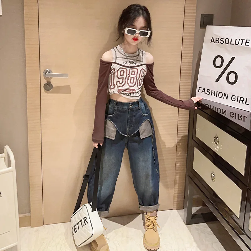 Girls Suits Spring Korean Set 2024 New Girls Fashionable Jeans Simple Casual Top and Trousers Korean Simple Style Two-piece Set image 2