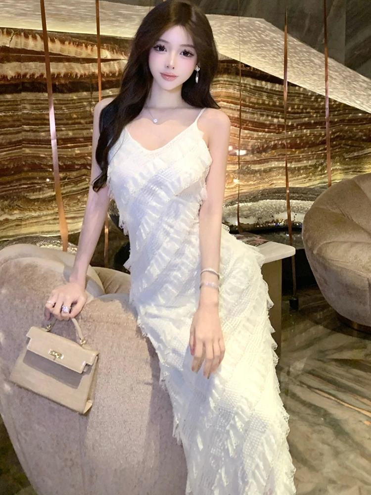 2025 renda branca jacquard chique babados vestido de noite de luxo feminino elegante estilingue sexy vestido longo verão coreano bodycon vestido de festa