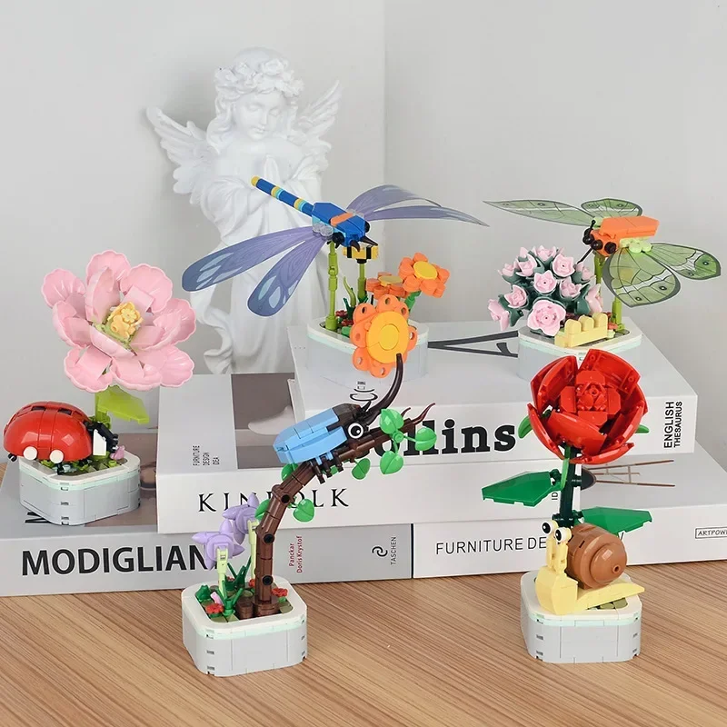 Insects and Flowers Butterfly Dragonfly Potted Bouquet Puzzle Building Blocks Creative Display Gift