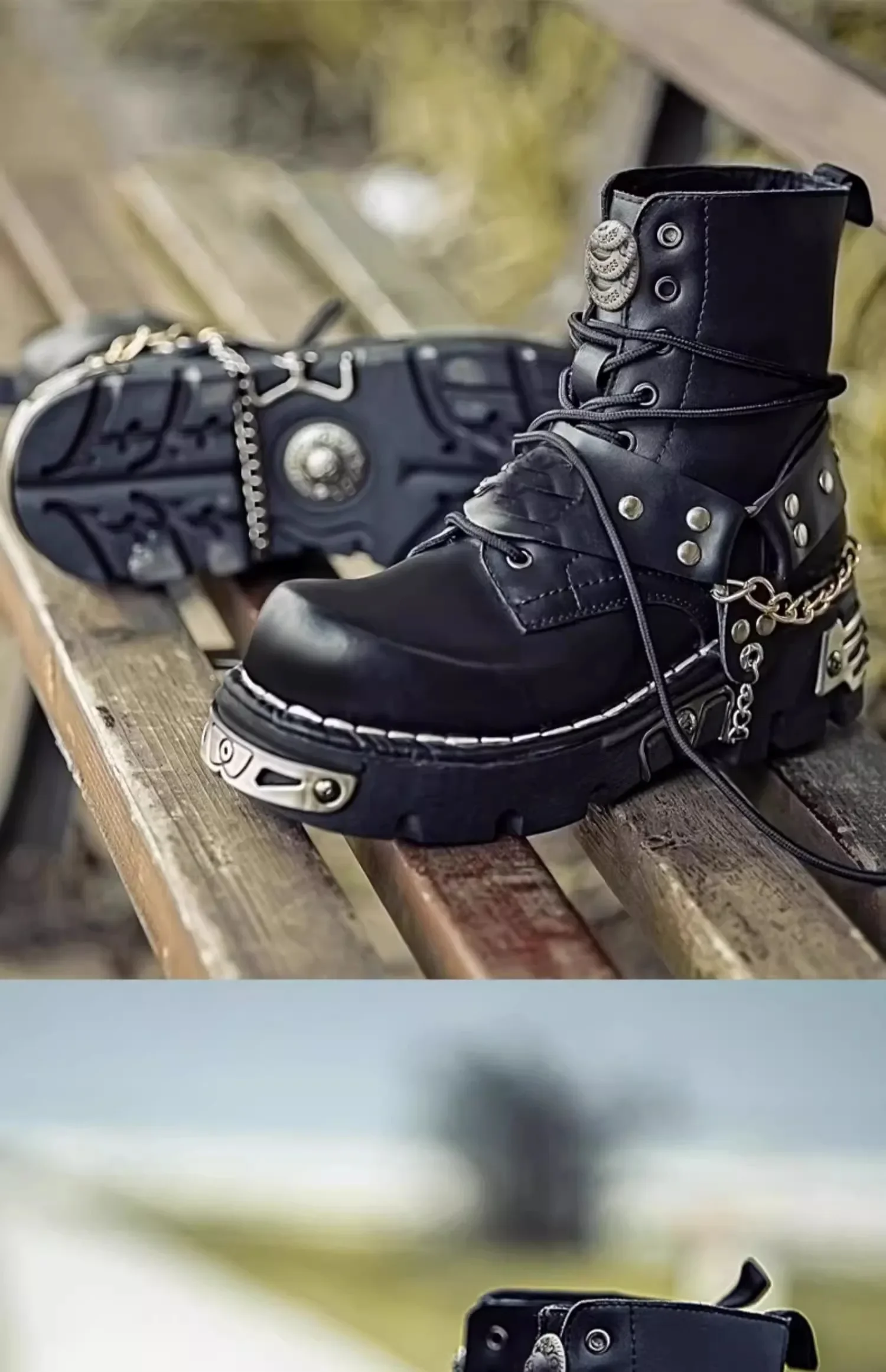 Men's Fashion Genuine Leather Motorcycle Boots,Punk Goth Skull Mid-calf Metal Chain Western Chelsea Boots Platform view 6