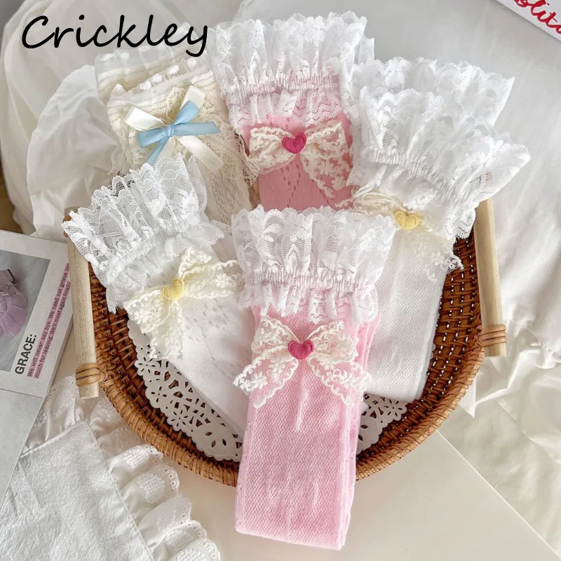 

Bow Heart Girls Princess Socks Spring Summer Ruffles Lace Children Socks Knitted Breathable Kids Stockings 3-10 Years