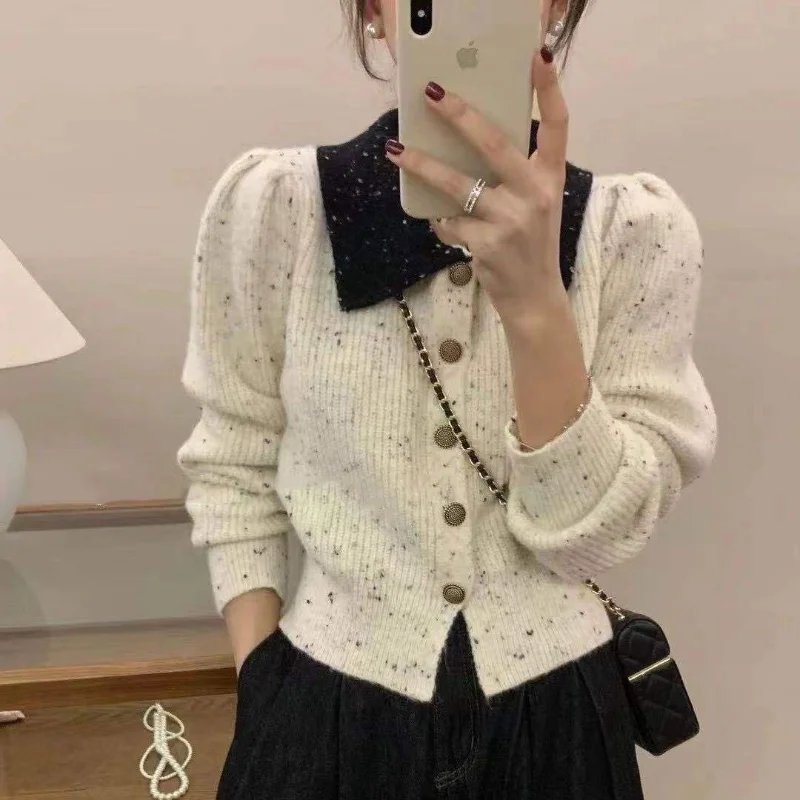 

French Puff Sleeve Design Knitted Cardigan Women's Autumn Winter New Single-breasted Lapel Temperament Color Dot Sweater Jacket