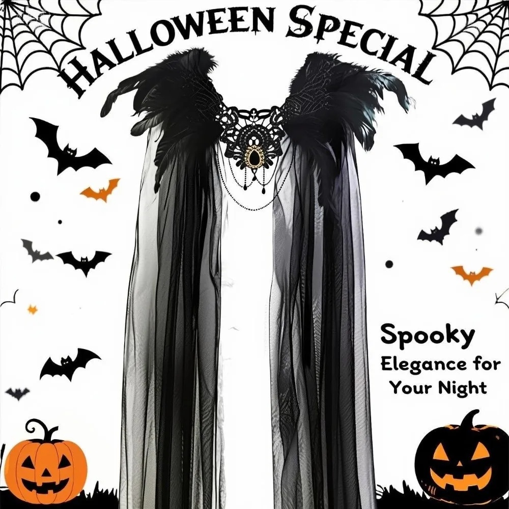 

Casual Gothic Witch Shawl Feather Funny Halloween Cloak Black Party Tulle Cape Adults