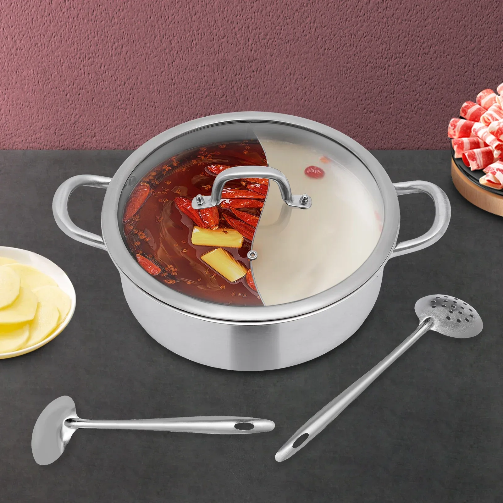 Olla caliente de acero inoxidable de calidad alimentaria 304, herramienta de cocina para sopa de cazuela con divisor y tapa para placa de inducción, estufa de gas (32 cm)