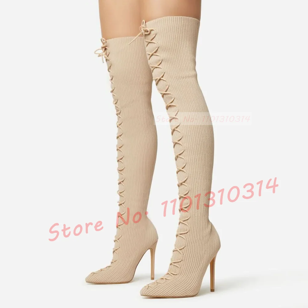 Pink Ribbed Knit Thigh High Boots Women Lace Up Pointed Toe Streetwear High Heels Shoes Warm Spring Female Elegant Long Boots