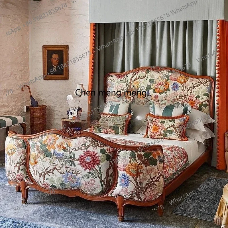 

X Neoclassical carved bed, retro printed fabric soft bag bed, light luxury retro master bed