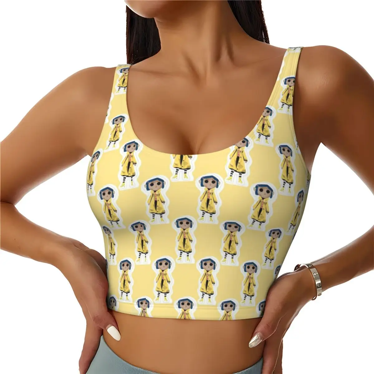 

Custom Coraline Horor Cartoon High Impact Sports Bras Women Fantasy Tunnel Horror Movie Seamless Workout Running Crop Tank Tops