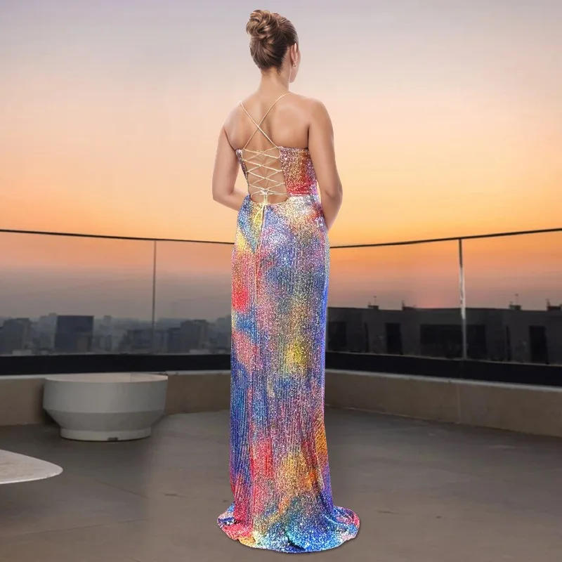 KEXU 2025 المرأة حزام Ruched متعدد الألوان تسلق الترتر Bodycon ماكسي فستان طويل مثير الخامس الرقبة سبليت مساء فساتين عيد ميلاد