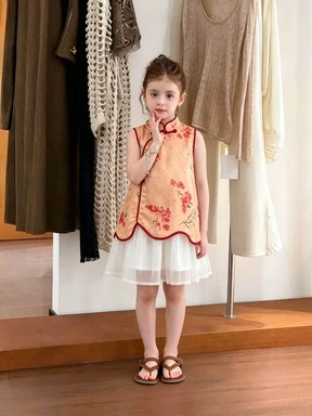 Girls' National Style Cheongsam Skirt Summer New Style Baby Girl Printed Buckle Fake Two piece Dress