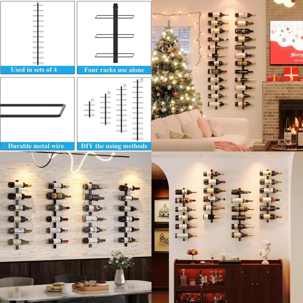 Modular 3-Pack Black Metal Wall-Mounted Wine Rack for DIY Display in Kitchen, Bar, and Cellar