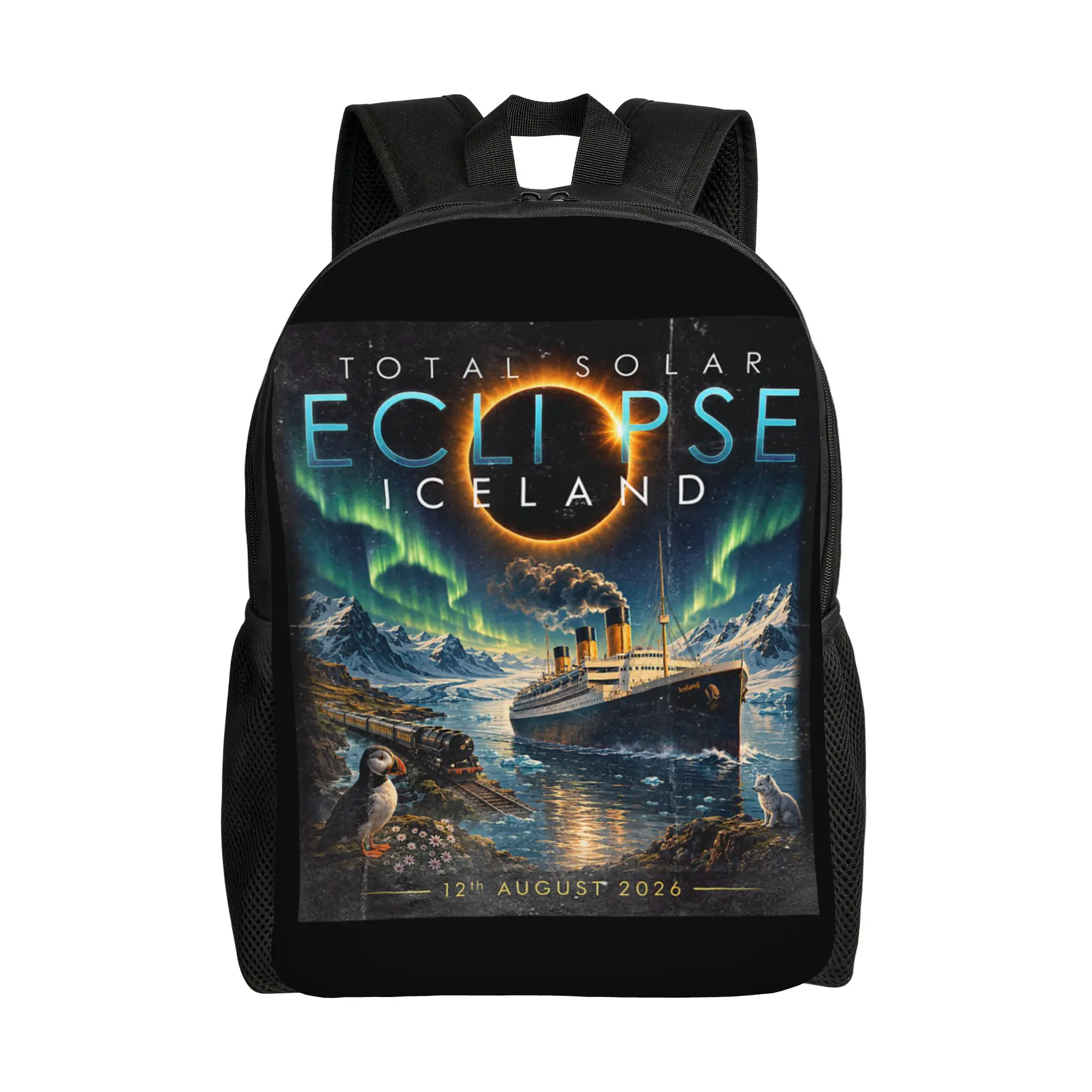 Total Solar Eclipse Iceland Emblem Puffin Cruise Backpack for Men Women Fashion High School Daypack  College Canvas Bags