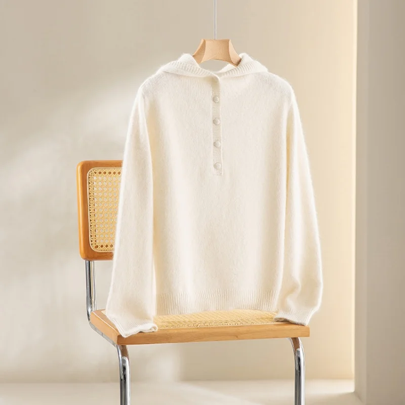 Birdtree,Wool Blended Warmth Sweater,Women Knitted Basics Solid Coat,Hooded, Full Sleeve, 2025 Autumn Casual Pullover T5D109JF