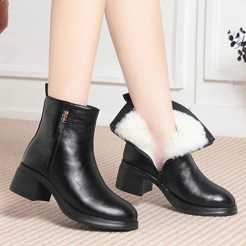 Winter Warm Wool Lined Ankle Boots Women 2026 New Genuine Leather Women Short Boots Chunky Heel Booties Women
