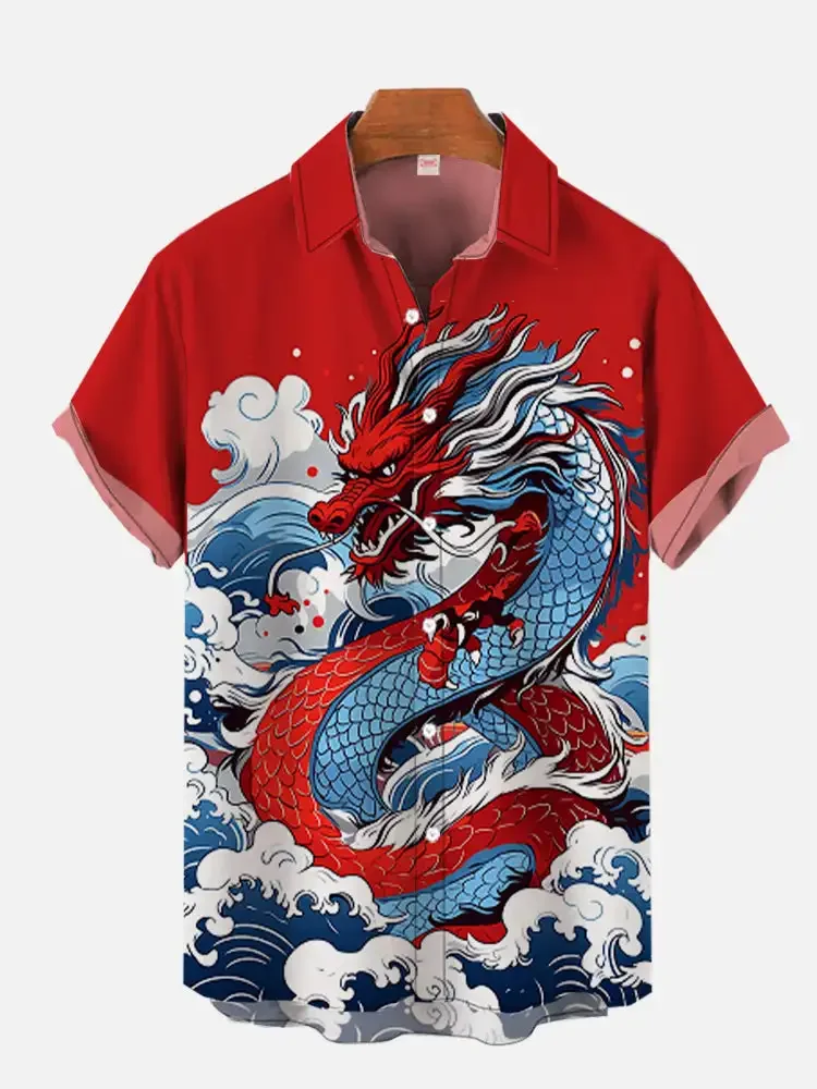 

Dragon Print men's shirt, casual daily high-print 3D short-sleeved shirt, summer unise-friendly Hawaiian Warrior cat shirt