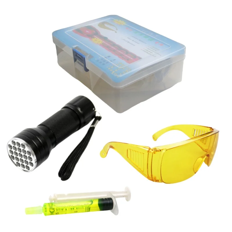 21 LED UV Flashlight Car Air Conditioning A/C System Leak Test Detector Kit Aluminum Alloy Protective Glasses UV Dye Repair Set