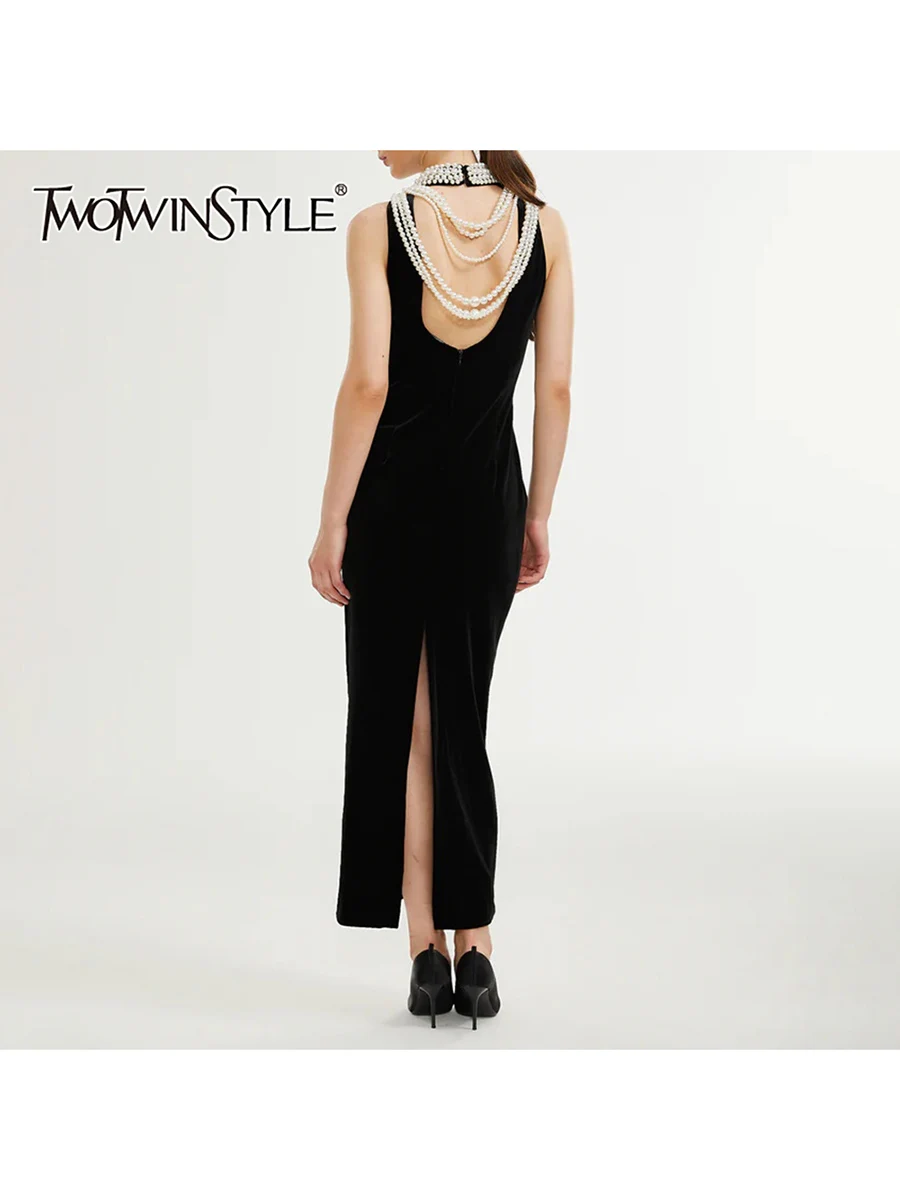 

TWOTWINSTYLE Solid Slimming Spliced Chains Velvet Long Dresses for Women Stand Neck Sleeveless Backless Vintage Dress Female New