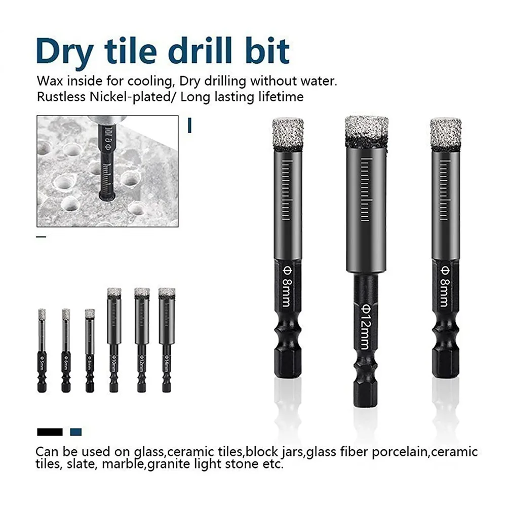 5/6/8/10/12/14/16mm Hex Handle Vacuum Brazed Diamond Dry Drill Bits Hole Saw Cutter For Granite Marble Ceramic Tile Glass