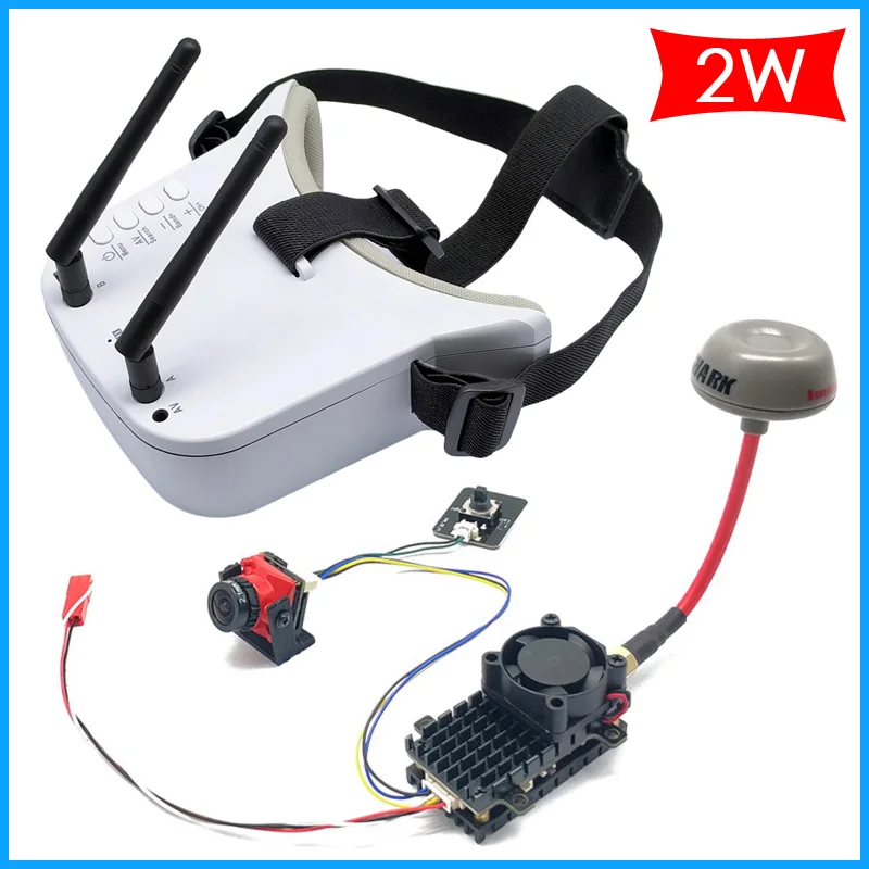 Long Range 5.8Ghz 2W FPV VTX Transmitter+CMOS 1200TVL Mini FPV Camera 2.1mm lens and 5.8G 48CH Dual Antennas FPV Goggles Monitor