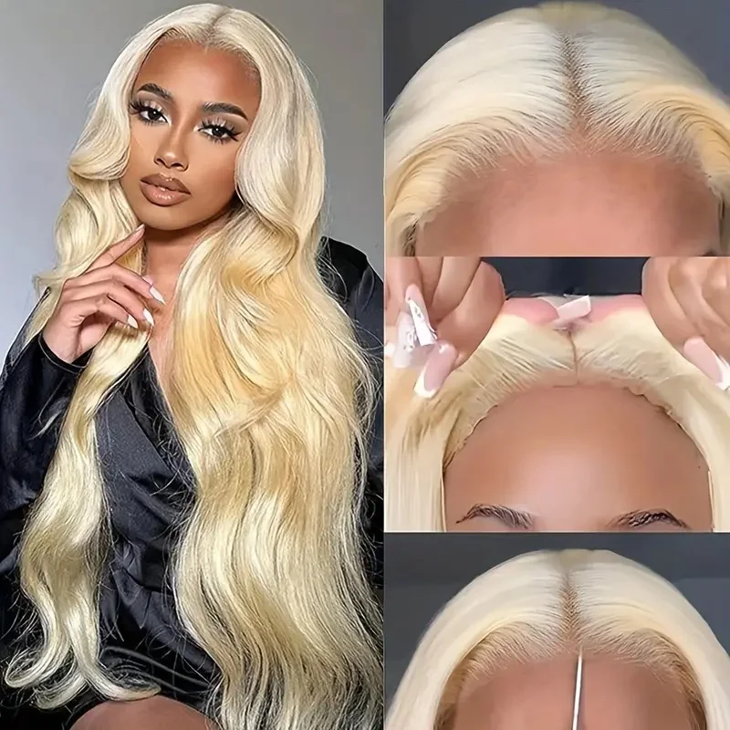 

613 4x4 No Glue Closure Transparent Blonde Lace Front Wig Human Hair Body Wave Wigs 150% Density Body Weavy For Women