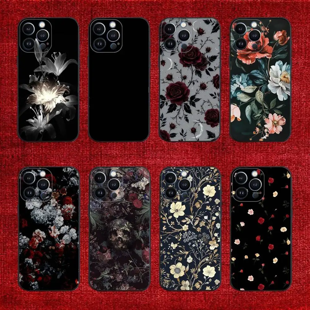 

Black Flower Printed Phone Case For iPhone 16e,16,15,14,13,12,11,Pro,X,XS,Max,XR,Plus,Mini Soft Black Cover