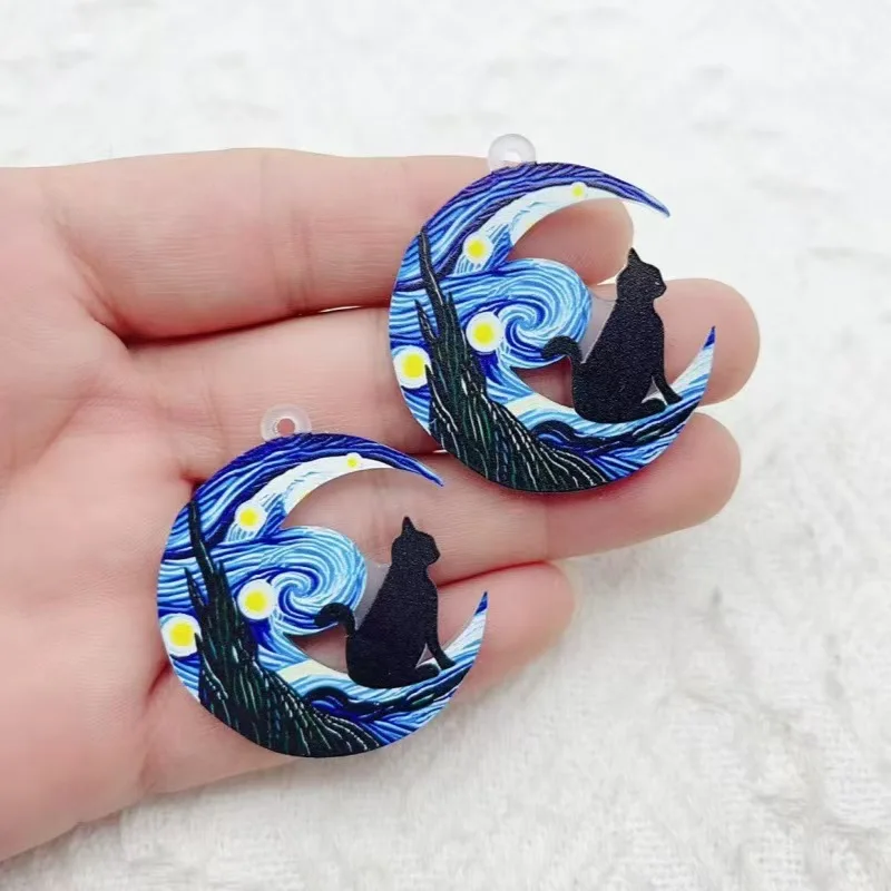 10pcs Cross border Hot selling Acrylic Earrings with Van Gogh Starry Sky Pattern Fashion Black Cat Acrylic Pendant DIY Jewelry A view 5