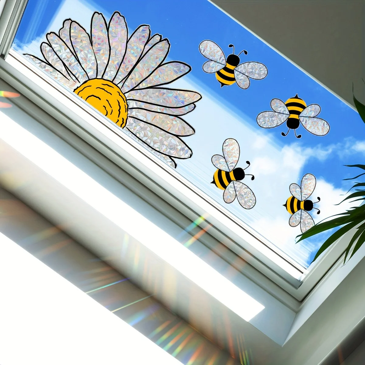 1pc Colorful Bee Flower Glass Window Stickers, Electrostatic Sunlight Window Stickers, Wall Stickers, Colorful Electrostatic PVC