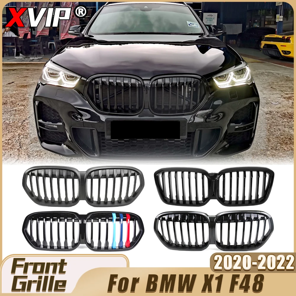 

XVIP Matte Black Single Line Style Bumper Grille Glossy Black Carbon Fiber Look Racing Grille Upper Grill For BMW X1 F48 2020-22
