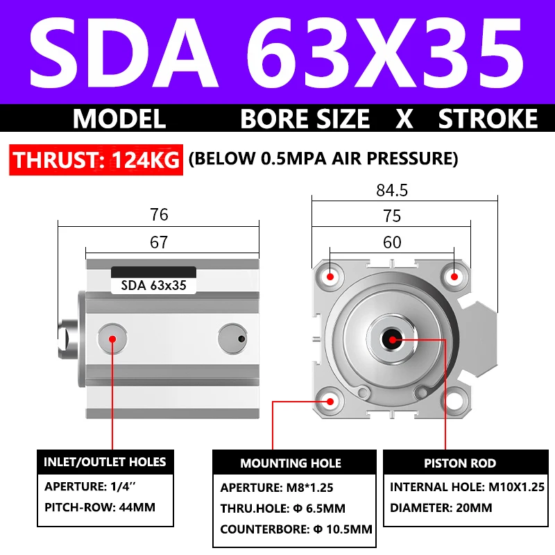

ABILKEEN SDA63X35 Серия SDA Тонкий воздушный цилиндр 63 мм с внутренней резьбой Диаметр X 35 мм Ход Пневматический компактный цилиндр двойного действия