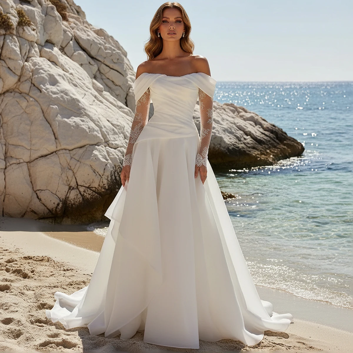 

Beach Satin Long Detachable Sleeve Wedding Dress With Train Vestidos Novia Off Shoulder Asymmetric Bridal Party Gown For Women