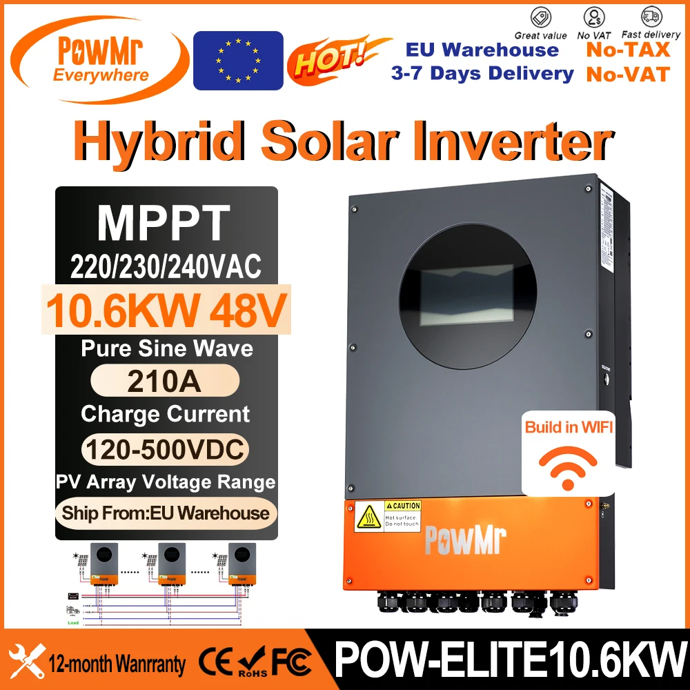 Onduleurs solaires hybrides PowMr 10,6 kW 48 V avec chargeur 210 A, 2 trackers MPPT, écran tactile LCD, IP66, Wi-Fi intégré, possibilité de connecter en parallèle 9 unités