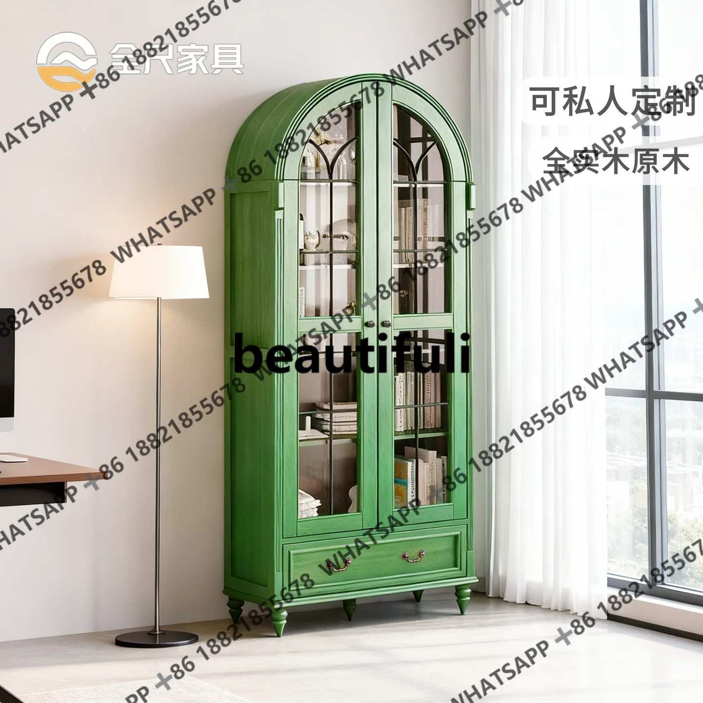 

Pure solid wood bookcase 80cm bedroom arched glass door living room display cabinet bookcase
