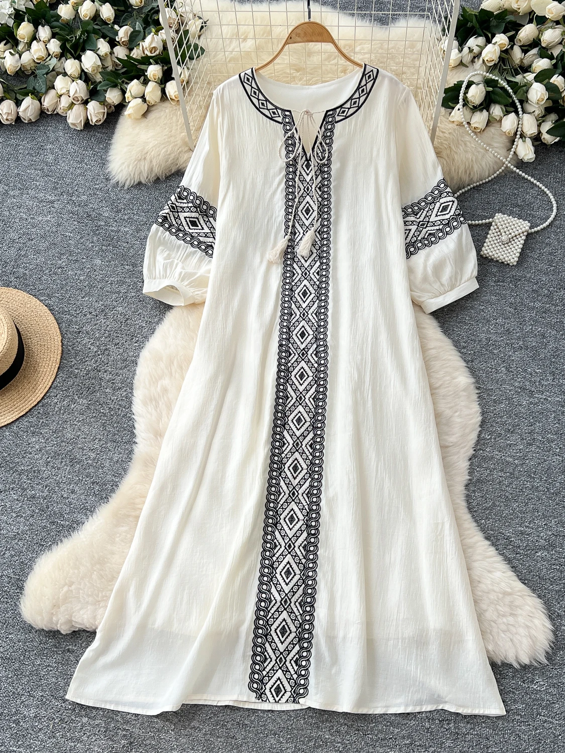 Vestido Midi Estilo Étnico Retro para Mujer, Hoado, con Cinturón, Diseño Sensual, Falda Amplia, Versión Coreana, Cintura Al...