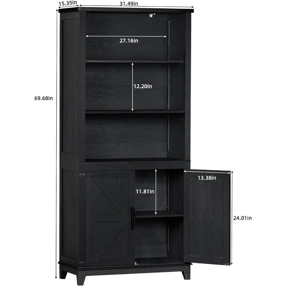 70in Tall Bookshelf 5 Tier Bookcase with Barn Doors and Adjustable Shelves,Farmhouse Book Shelf with Storage Cabinet