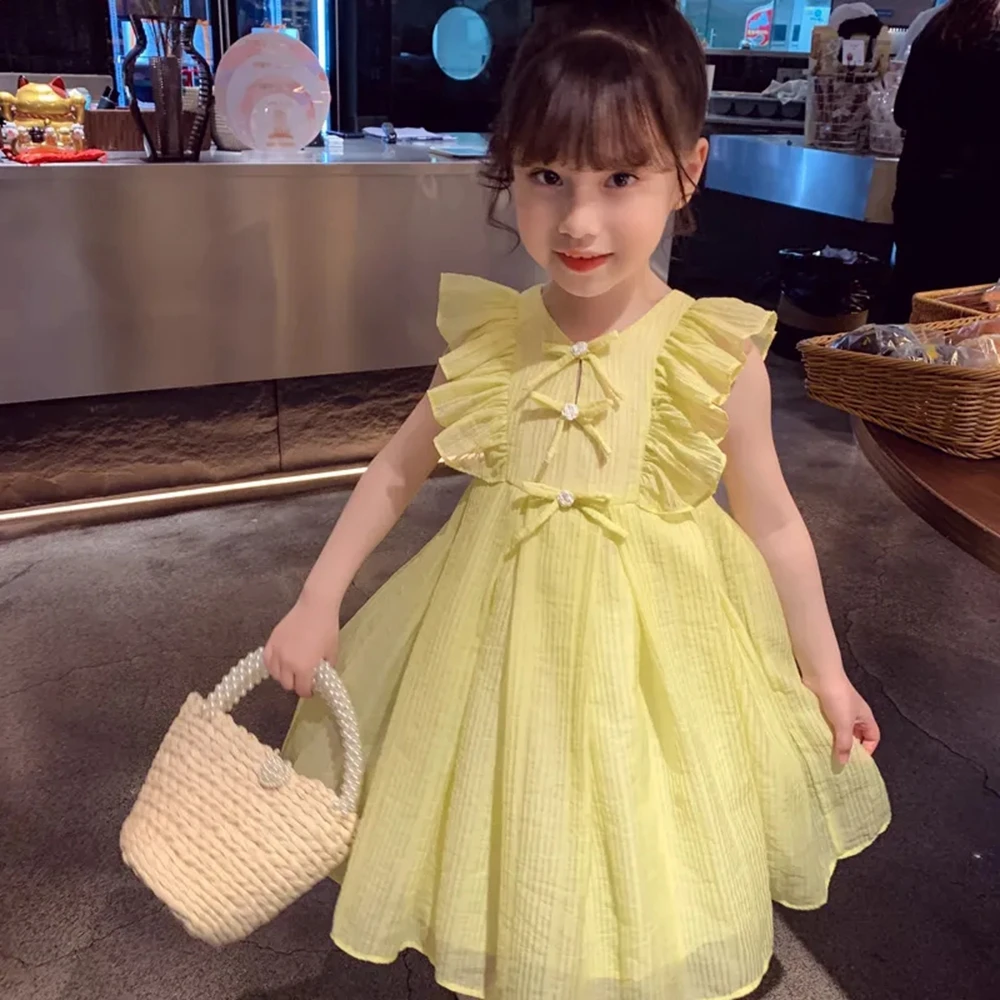 Girls Summer Dress Yellow Ruffles Sleeveless Dresses for Girls Solid Cute Princess Dress Children Girl Clothing Toddler Outfits