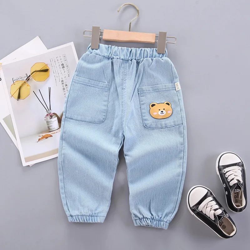 Cute Bear Girls Casual Thin Long Pants Fashion Spring Autumn Children Jeans Cartoon Kids Trousers Denim Clothing 1 2 3 4 5 Years