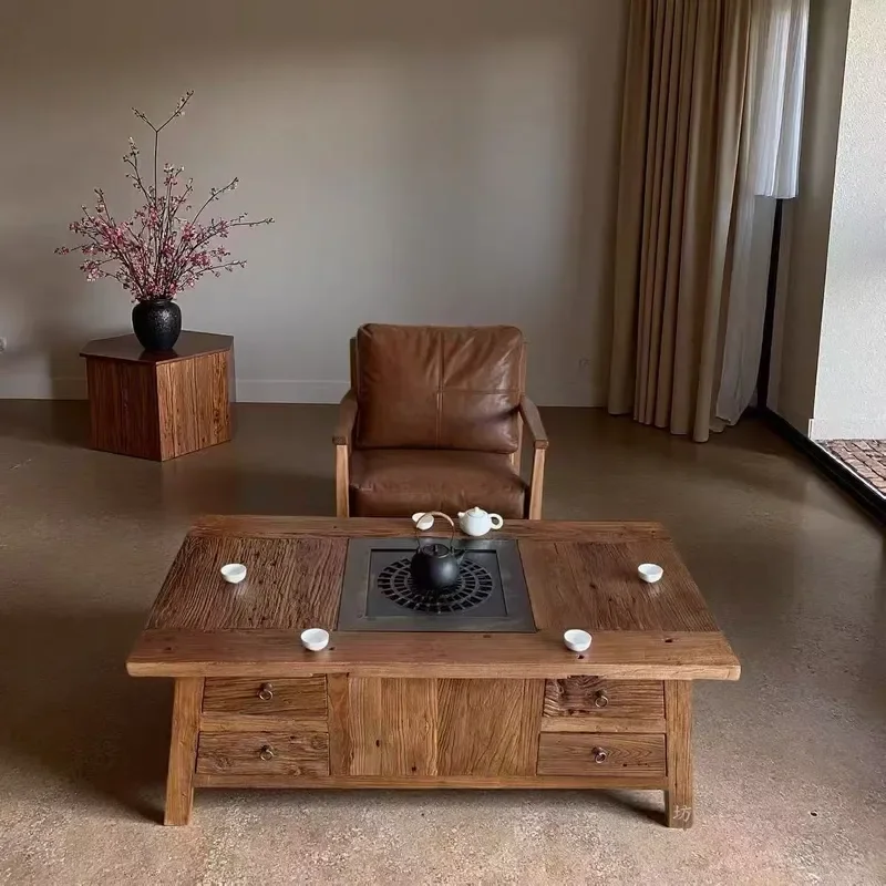 Chinese Old Elm Tea Table Square Outdoor Balcony Picnic Stove Household Dining Table