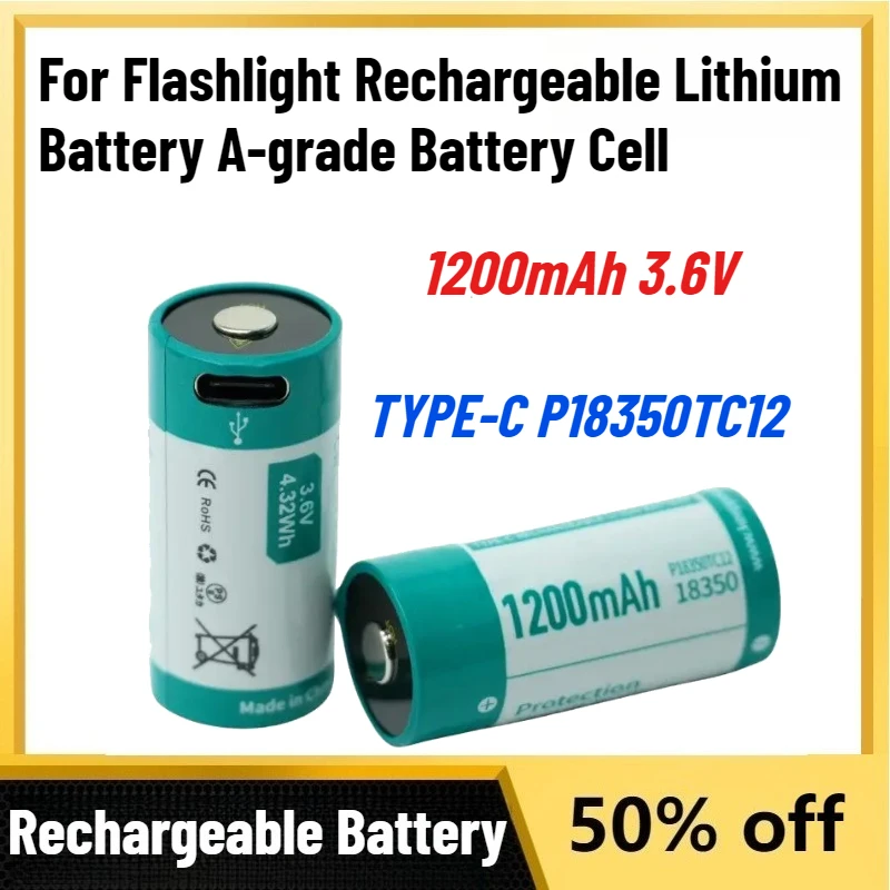 High-Quality TYPE-C P18350TC12 1200mAh 3.6V 18350 Battery for Flashlight Rechargeable Lithium Battery A-grade Battery Cell