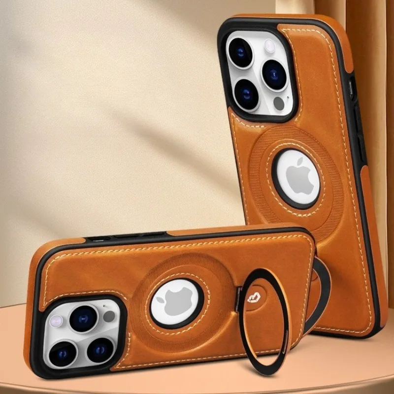 Funda de anillo con soporte magnético de cuero PU de lujo para IPhone 16 15 14 Plus 13 12 Pro Max Magsafe cubierta con logotipo hueco de carga inalámbrica