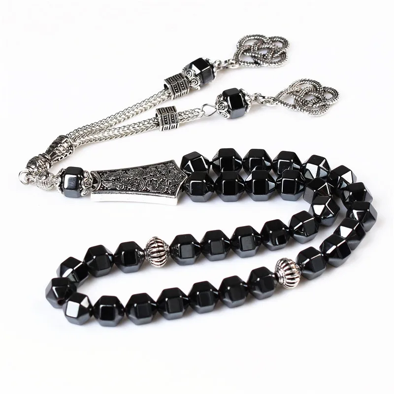 

8mm Black Hematite Stone Muslim Rosary Silver color tassel Islam Tasbih Prayer Beads