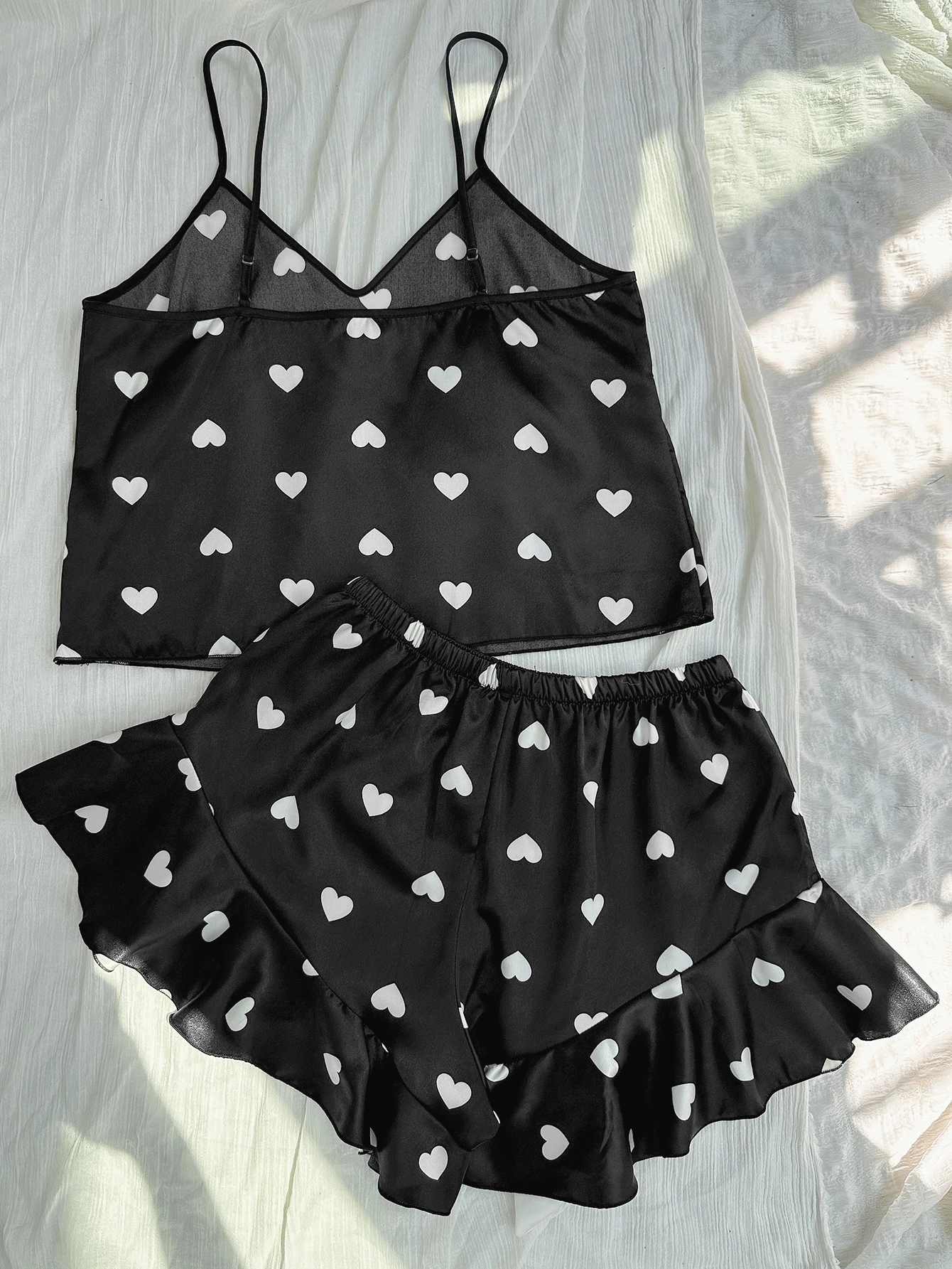 Cute Heart Print Pajamas for Women Set V Neck Top and Shorts Loungewear Sexy Fashion Women’s Sleepwear for Home image 2