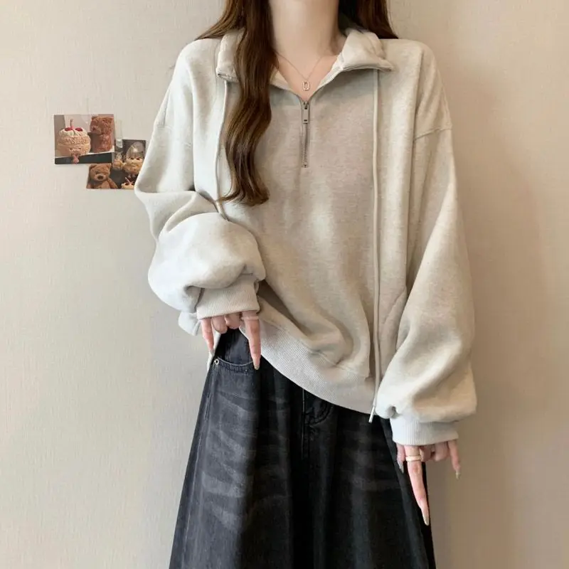 Slim Fit Zipper ort Svel Hoodie Women's Spring Autumn Lightweight Korean Sle Stand Collar Long Sve Top Coat