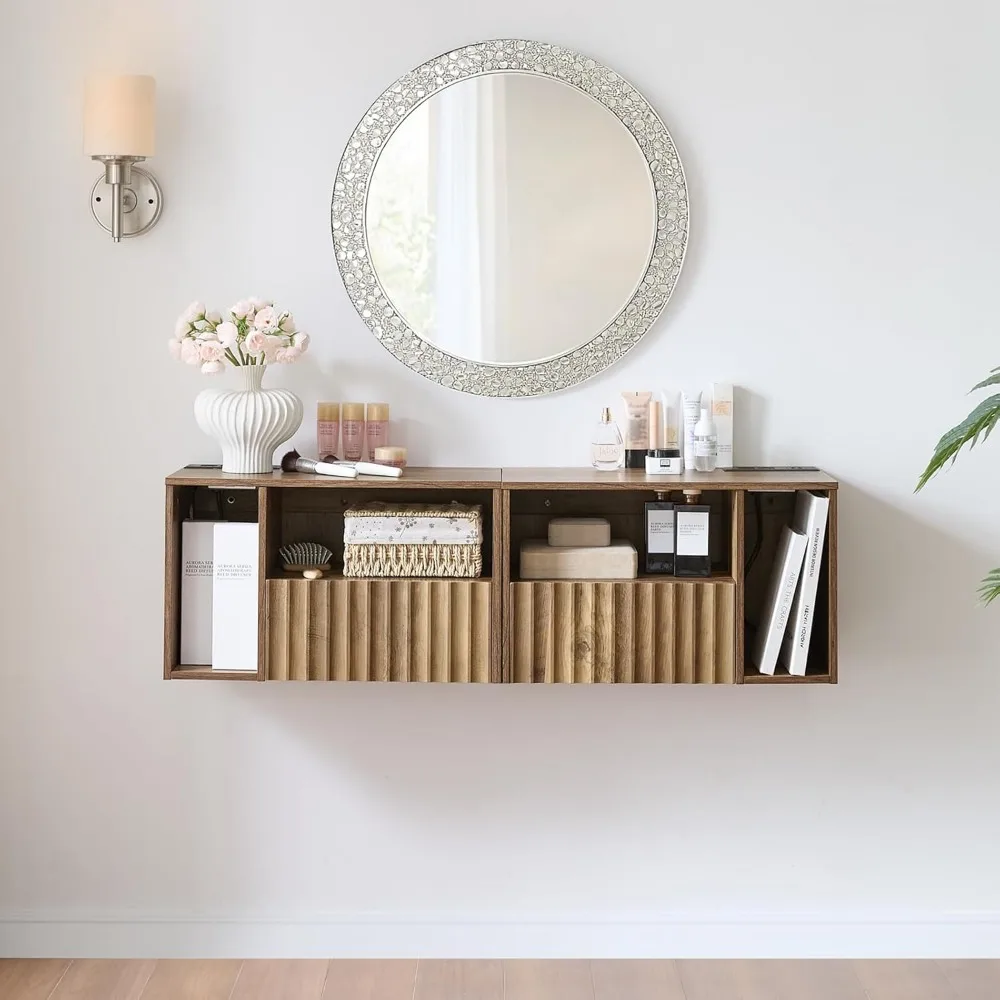 Mesita de noche moderna rústica marrón con cajón, puertos y tomas de carga USB: juego de 2 mesitas de noche flotantes para vivir moderno