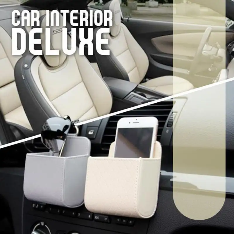 Car Leather Storage Basket Retro Auto Interior Air Vent Storage Bag Cellphone Holder Pounch Box with Hook In Stock