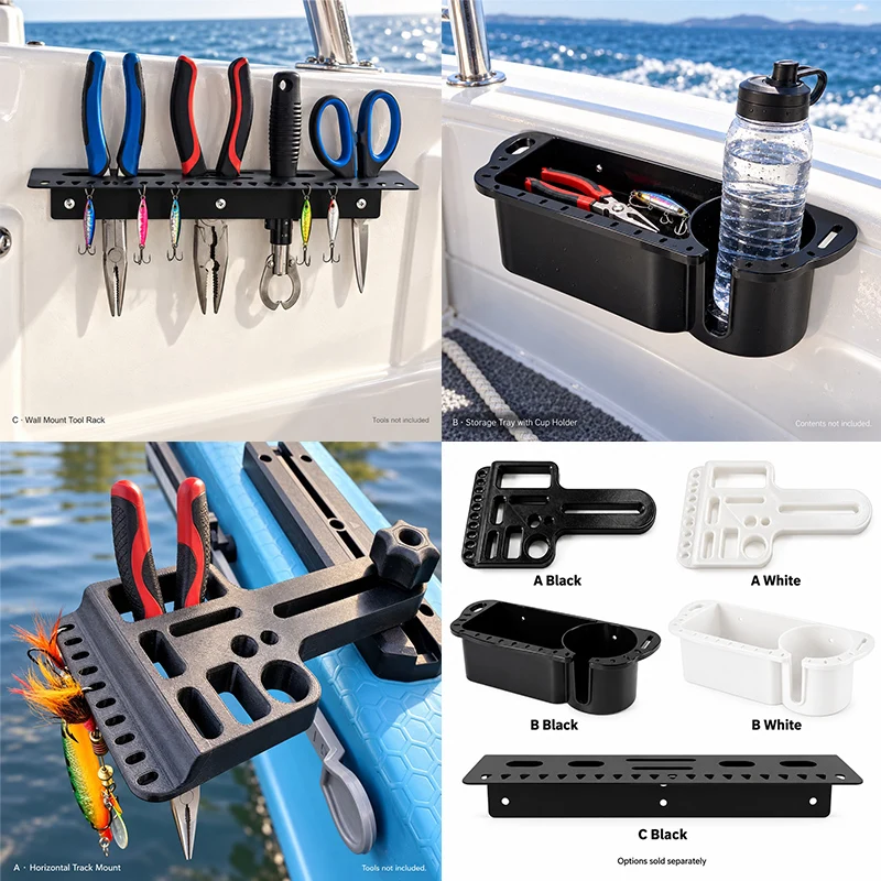 Boat and Kayak Fishing Gear Storage Organizer for Pliers Scissors and Lures Track Mount Rack or Cup Holder Tray