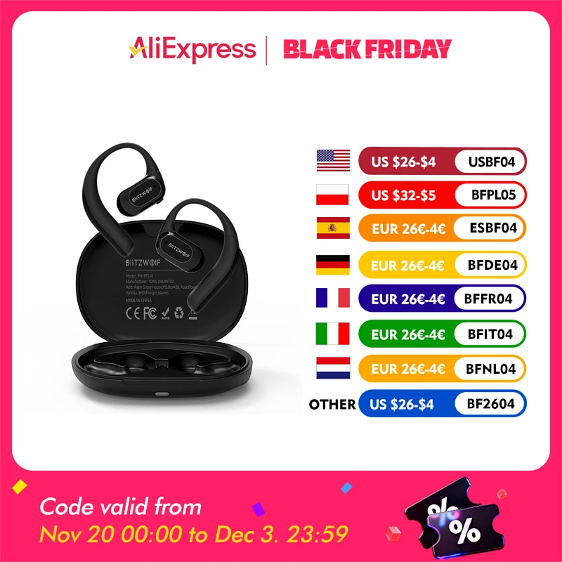 BlitzWolf BW-BTS10 OWS Bluetooth наушники с костной проводимостью IPX8 водонепроницаемые игровые открытые ушные крючки с низкой задержкой и микрофоном