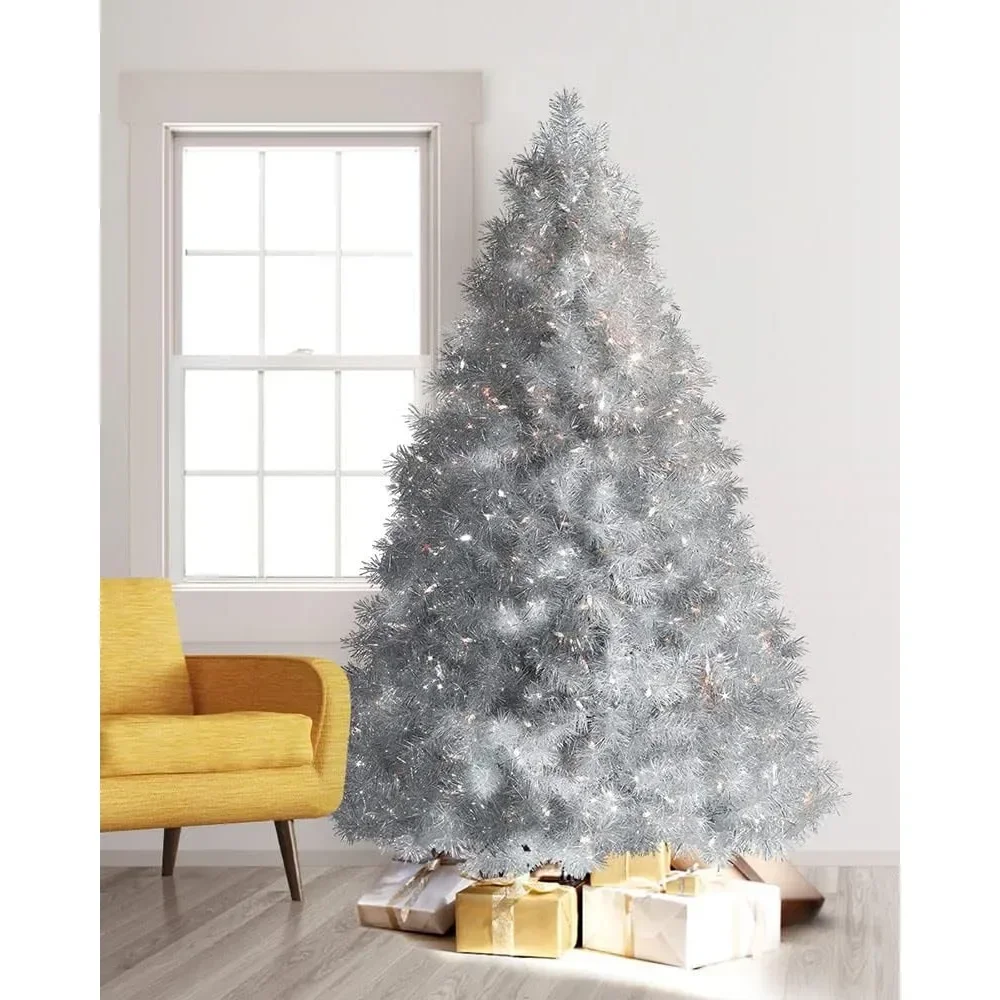 Silver Artificial Christmas Tree,10 Ft | Pre-lit with 1000 LED Candlelight Clear Lights | Includes Tree Stand, Christmas Trees