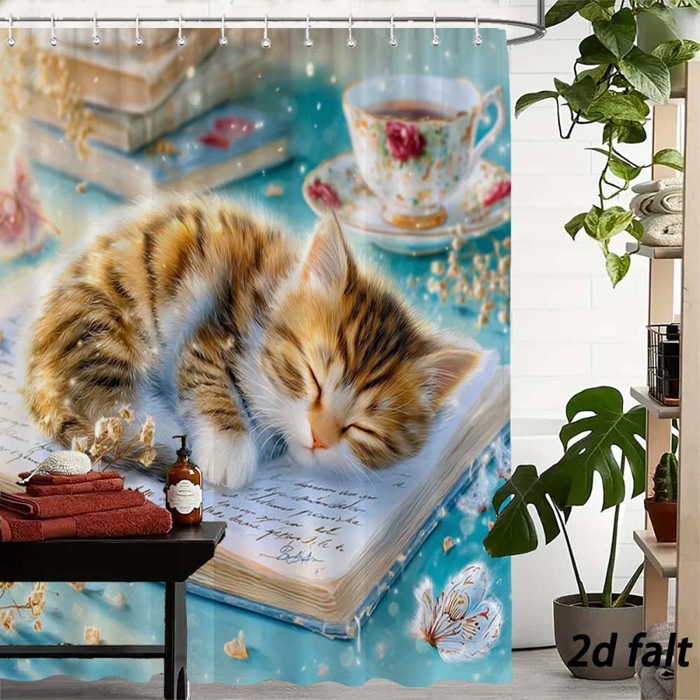 Cute Sleeping Kitten on Open Book with Tea Cup and Dried Flowers Shower Curtain