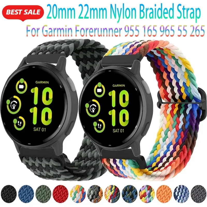 20mm 22mm Nylon Braided Loop Strap For Garmin Forerunner 265 55 965 165 955 Sports Bracelet Garmin Venu 3 2/Active 5 Accessories